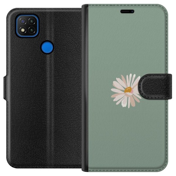 Xiaomi Redmi 9C Plånboksfodral Grön Minimalblomma – stilren blomma på grön bakgrund