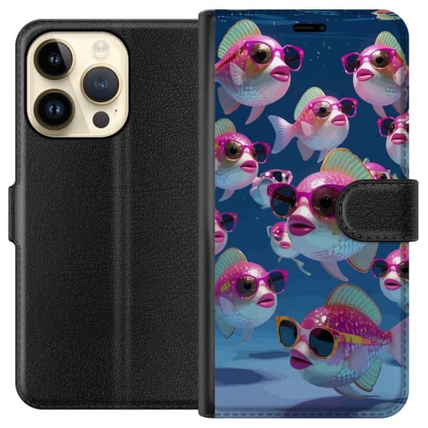 Kompatibel Tegnebogsetui til Apple iPhone 14 Pro Fiskar med solglasögon blå