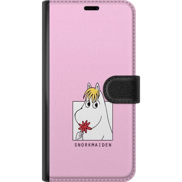 Kompatibel Tegnebogsetui til Samsung Galaxy A27 Snorkfrøken med rød blomst og lyserød baggrund, tegnet karaktermotiv pink