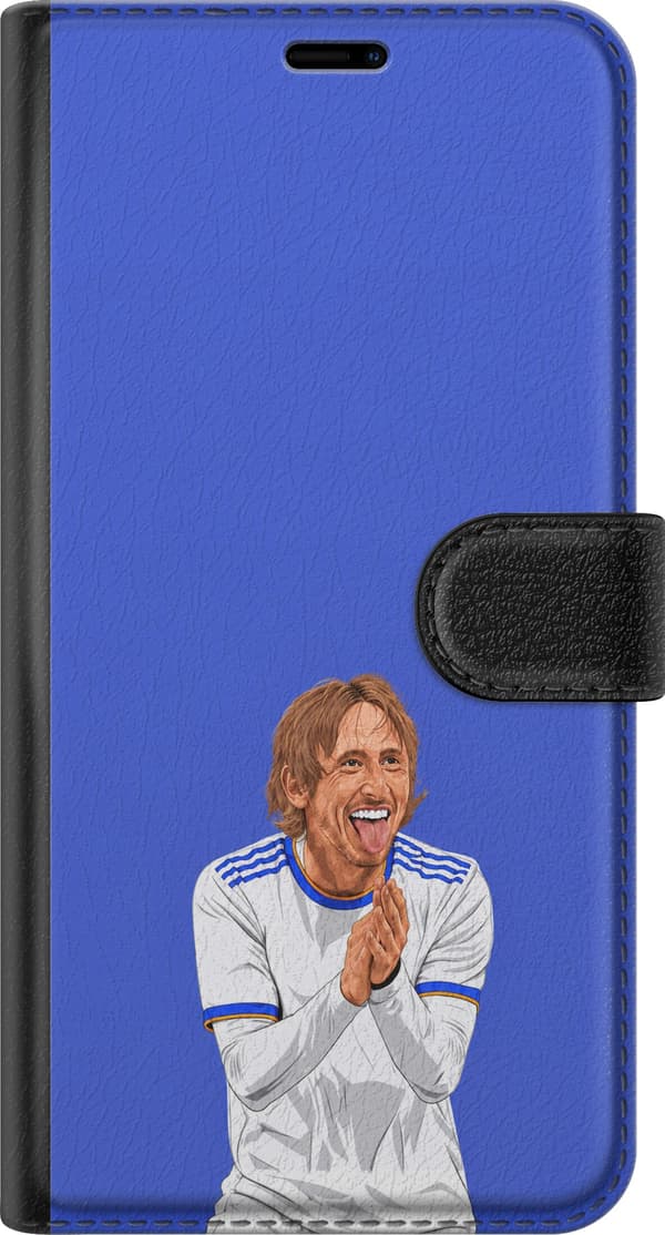 Kompatibel Tegnebogsetui til Apple iPhone 16 Pro Max Modrić-jubel - Luka Modrić i hvid kamptrøje med knyttede hænder mod blå baggrund blå