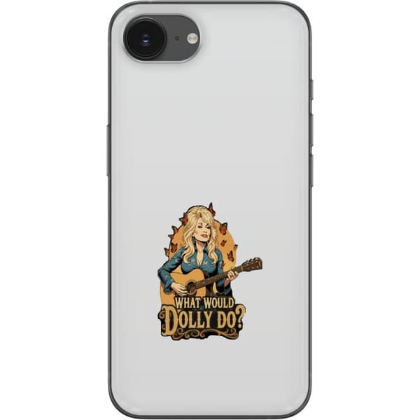 Kompatibelt Mobilskal till Apple iPhone 16e Dolly Parton med gitarr och fjärilar grå