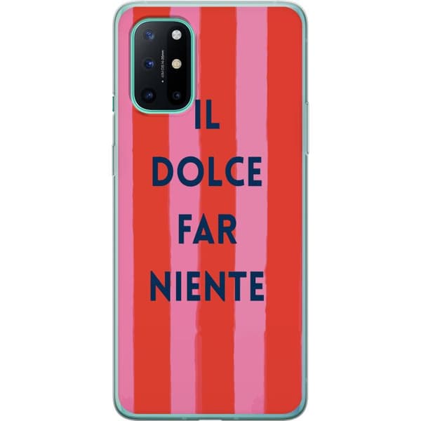 Kompatibelt Mobildeksel til OnePlus 8T Teksten Il Dolce Far Niente i mørkeblått mot håndmalte rosa og røde striper rosa