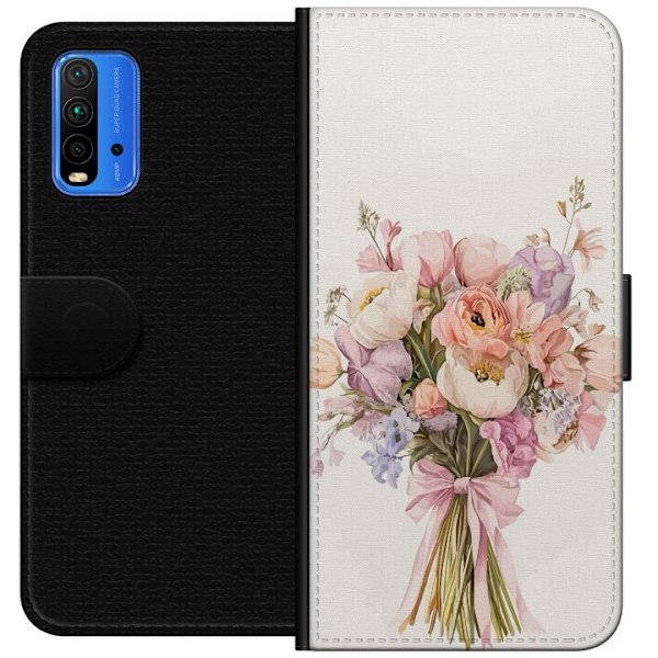 Xiaomi Redmi Note 9 4G Lompakkokotelo Kännykkäkuori värikkäällä kukkakimpulla romanttisessa tyylissä