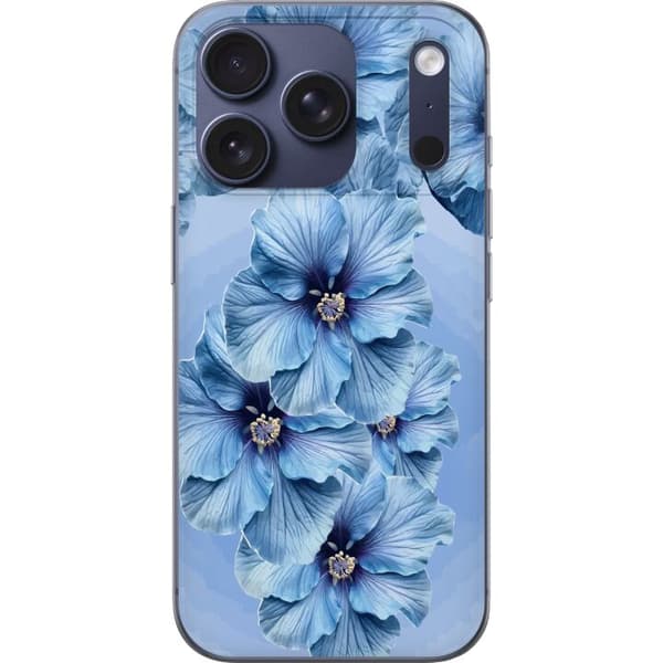 Kompatibelt Mobildeksel til Apple iPhone 18 Pro Store lyseblå blomster med mørkeblå sentrum mot blå bakgrunn blå