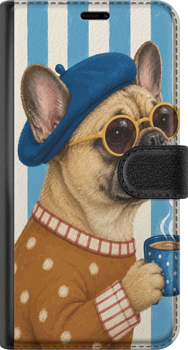 Kompatibel Tegnebogsetui til Apple iPhone XR Brun hund med blå basker, runde briller og kaffekrus foran blåhvide striber blå