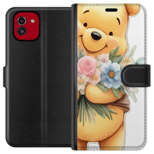 Samsung Galaxy A03 Tegnebogsetui Nalle Puh med blomster - klassisk børnefavorit i en blomstrende forårs miljø