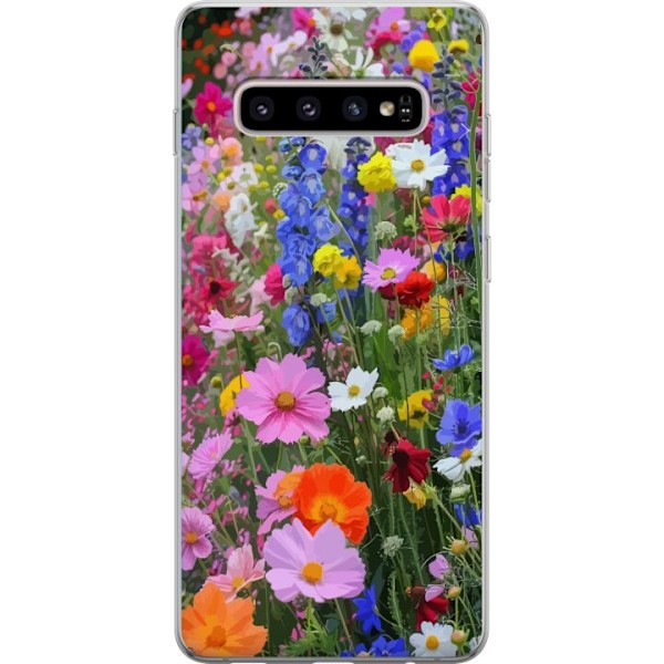 Samsung Galaxy S10+ Läpinäkyvä kuori Kukkakuvioinen mobiilikuori kesäisellä niityllä ja luontomaisemalla