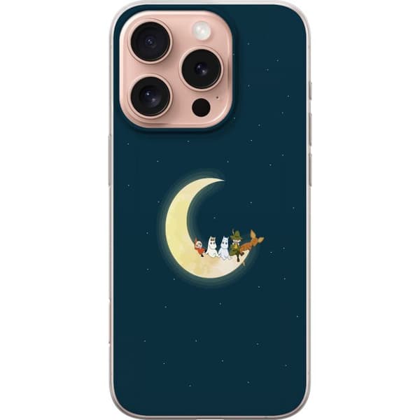 Kompatibelt Mobildeksel til Apple iPhone 16 Pro Mummitrollet og venner på en halvmåne i stjernedrysset nattehimmelen drømmeaktig illustrasjon blå