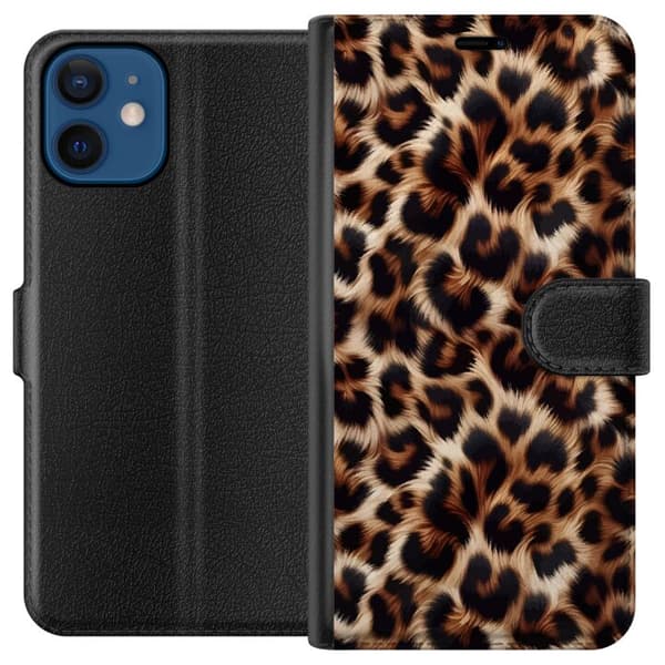 Kompatibel Tegnebogsetui til Apple iPhone 12 Nær billede af leopardmønster med bløde pelsdetaljer i brune og sorte nuancer