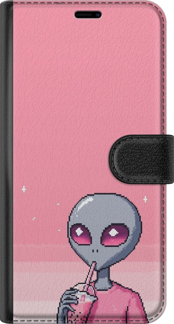 Kompatibel Tegnebogsetui til Apple iPhone 11 Retro-pixelillustration af en grå alien, der drikker lyserød drik på lyserød baggrund pink