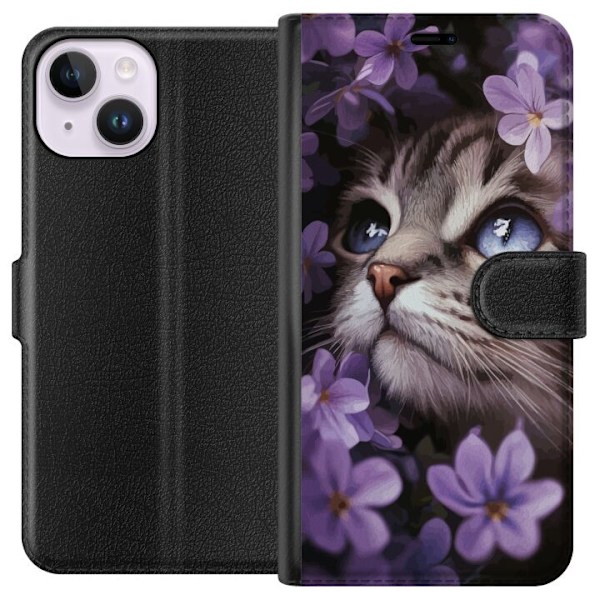 Apple iPhone 14 Lommeboketui Katt og blomster