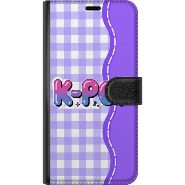 Kompatibel Tegnebogsetui til Apple iPhone 14 Pro Max Legesygt K-pop-motiv med farverig tekst og noder på lilla og hvidternet baggrund lilla