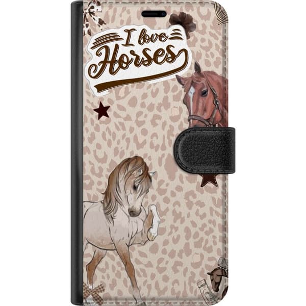 Kompatibel Tegnebogsetui til Google Pixel 9 Pro XL Hestecollage med teksten I Love Horses, leopardmønster, stjerner og sløjfer brun