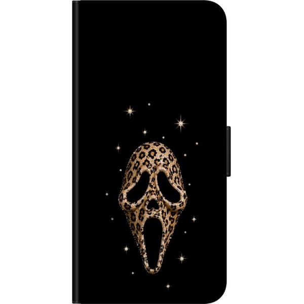Kompatibel Tegnebogsetui til Xiaomi Redmi Note 10S Gylden skrækmaske med leopardmønster, glitrende detaljer og stjerner mod en dybsort baggrund sort