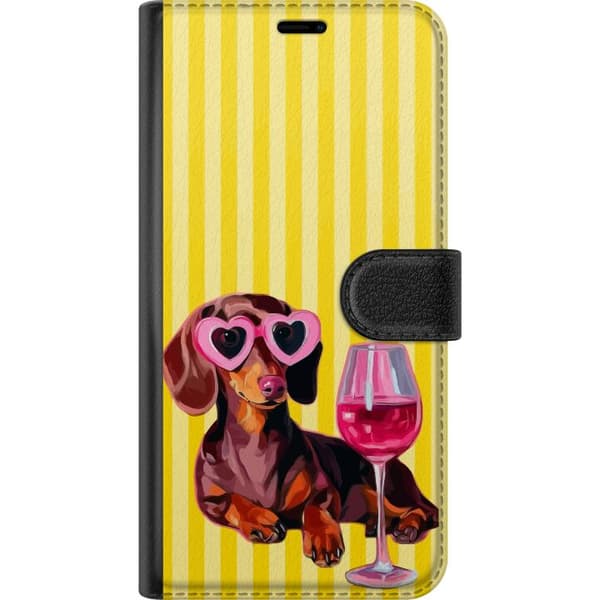 Kompatibel Tegnebogsetui til Apple iPhone SE (2022) Charmerende gravhund med lyserøde hjerteformede solbriller og lyserøde glas foran gulstribet bagg gul
