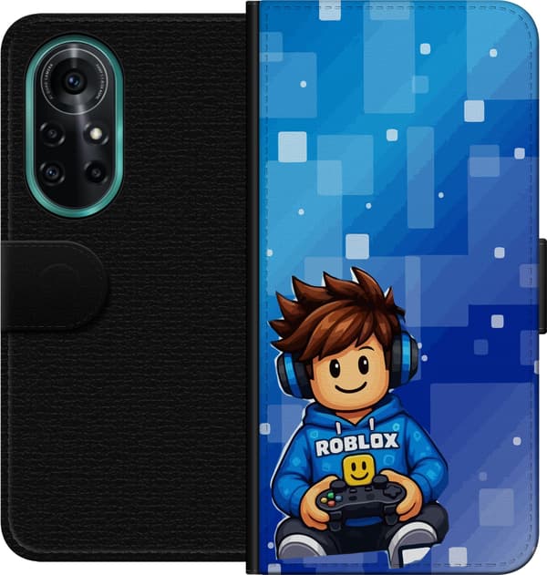 Kompatibel Tegnebogsetui til Huawei nova 8 Pro Brunhåret spiller med hovedtelefoner og controller foran blå pixelruder blå