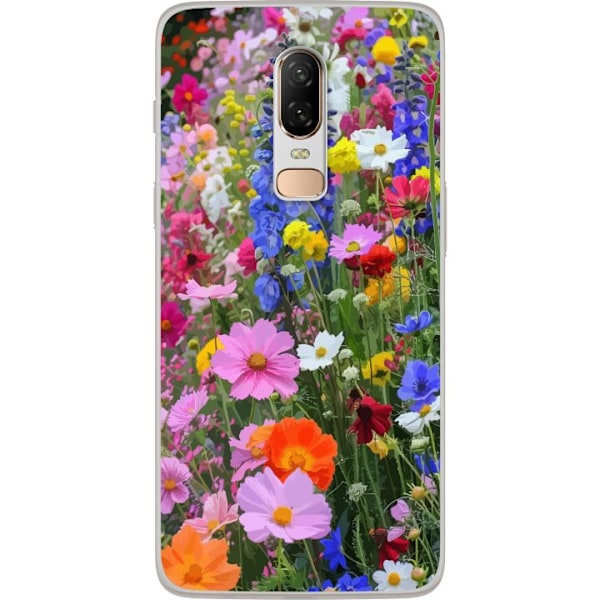 OnePlus 6 Läpinäkyvä kuori Kukkakuvioinen mobiilikuori kesäisellä niityllä ja luontomaisemalla