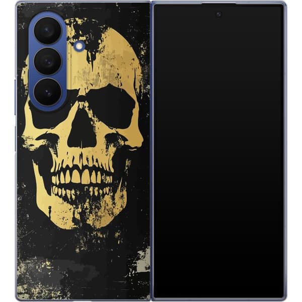 Kompatibel Mobilcover til Samsung Galaxy Z Fold7 Stor gul dødningehoved i slidt grungestil mod sort baggrund sort