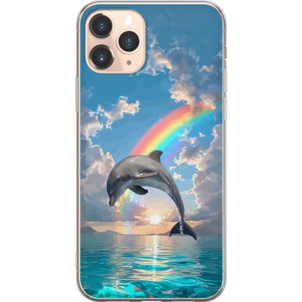 Kompatibelt Mobilskal till Apple iPhone 11 Pro Realistisk delfin framför regnbåge över lugnt hav blå
