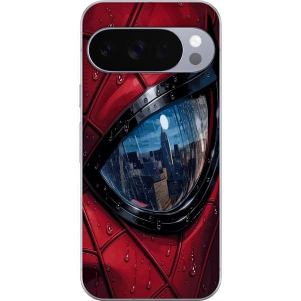 Kompatibelt Mobildeksel til Google Pixel 10 Pro XL Nærbilde av Spider-Man-maske med regndråper og byrefleksjon i øyet rød