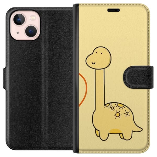 Kompatibel Tegnebogsetui til Apple iPhone 13 Minimalistisk tegnet langhalset dinosaur mod lysegul baggrund gul