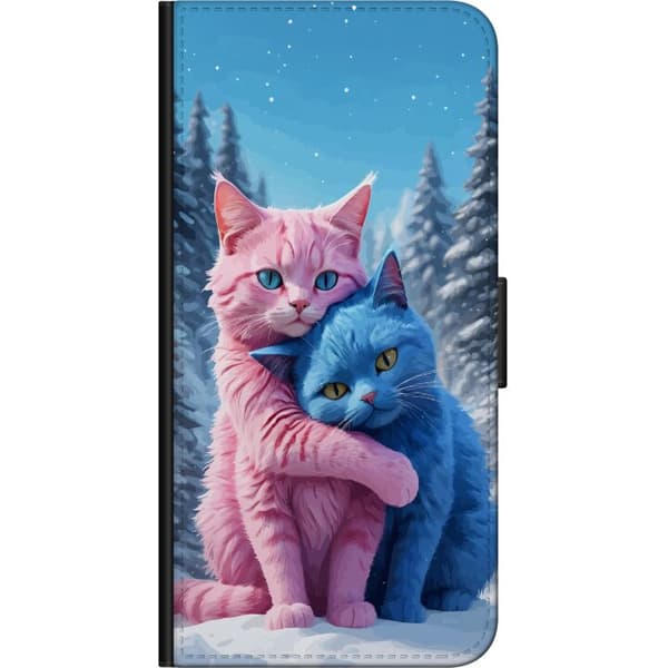 Kompatibel Tegnebogsetui til Huawei P40 lite E Søde lyserøde og blå katte, der krammer i sneklædt vinterlandskab blå