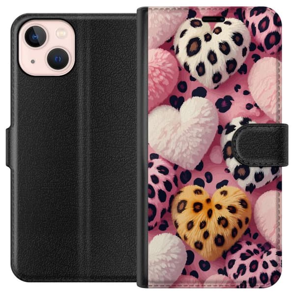 Kompatibel Tegnebogsetui til Apple iPhone 13 mini Bløde hjerter med leopardmønster i pink, hvid og gul på lyserød baggrund