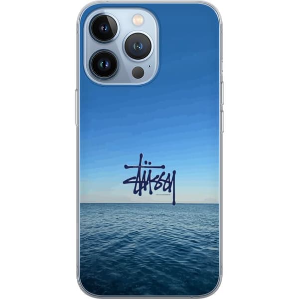 Kompatibelt Mobildeksel til Apple iPhone 13 Pro Havspanorama med blå himmel og stilig surf-inspirert logo blå