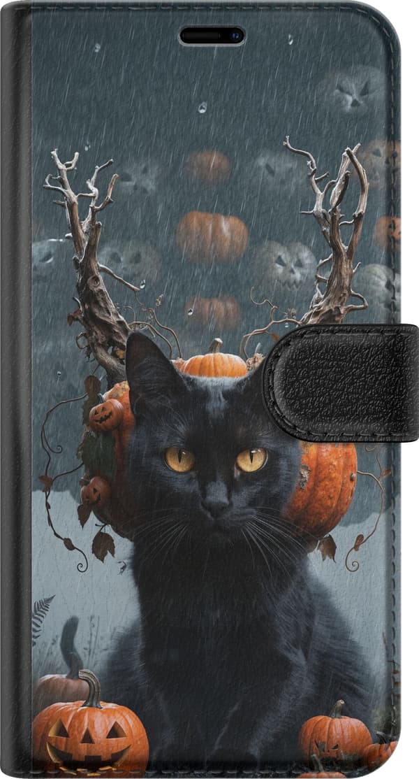 Kompatibel Tegnebogsetui til Apple iPhone 12 Pro Max Sort kat med græskar og en uhyggelig Halloween-baggrund i regn sort