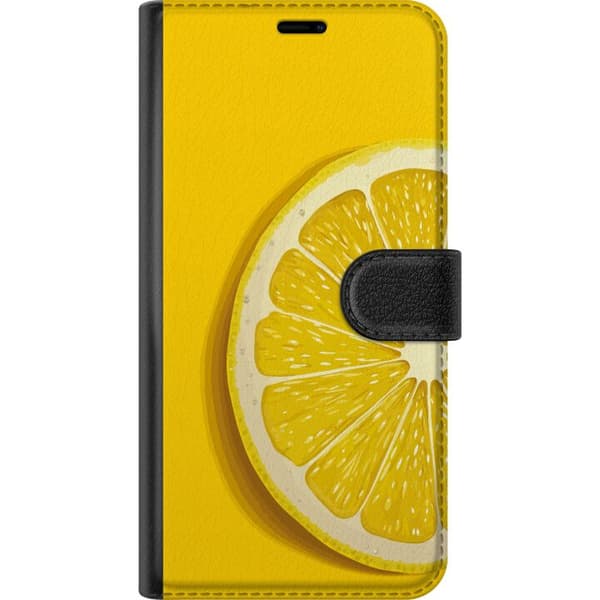 Kompatibel Tegnebogsetui til Apple iPhone SE (2016) Nærbillede af en frisk citronskive på gul baggrund gul