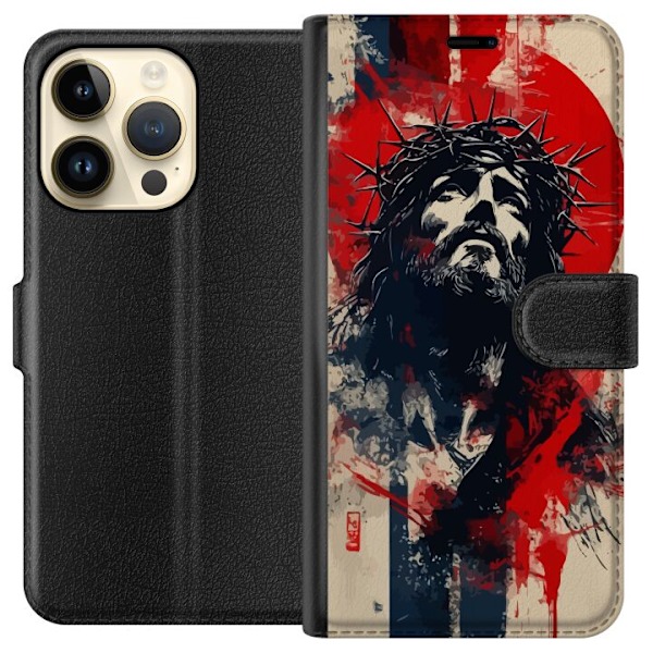 Apple iPhone 14 Pro Lompakkokotelo Jeesus ristillä - kristillinen aihe vahvalla symboliikalla uskosta ja toivosta