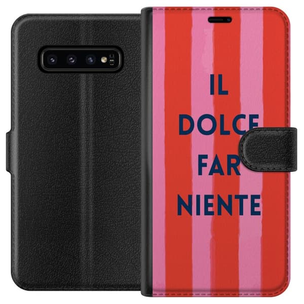 Kompatibel Tegnebogsetui til Samsung Galaxy S10 Teksten Il Dolce Far Niente i mørkeblåt mod håndmalede rosa og røde striber pink