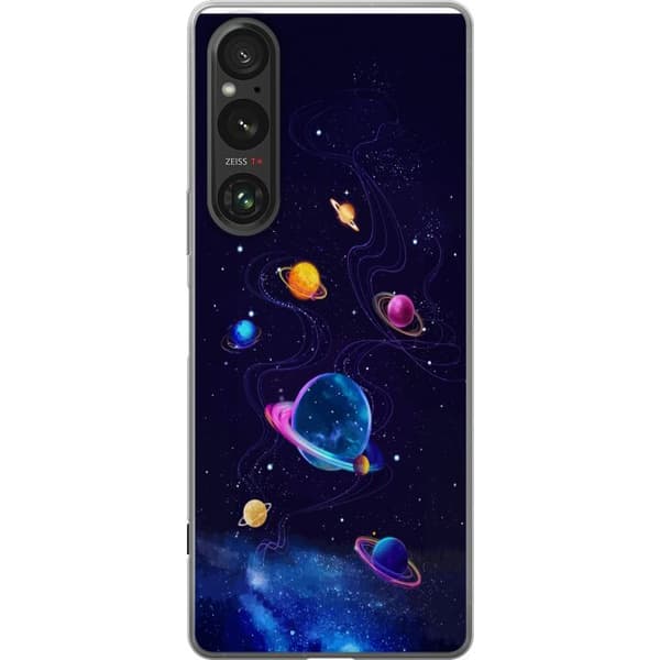 Kompatibelt Mobildeksel til Sony Xperia 1 VI Fargerike planeter og stjerner i et animert romlandskap blå
