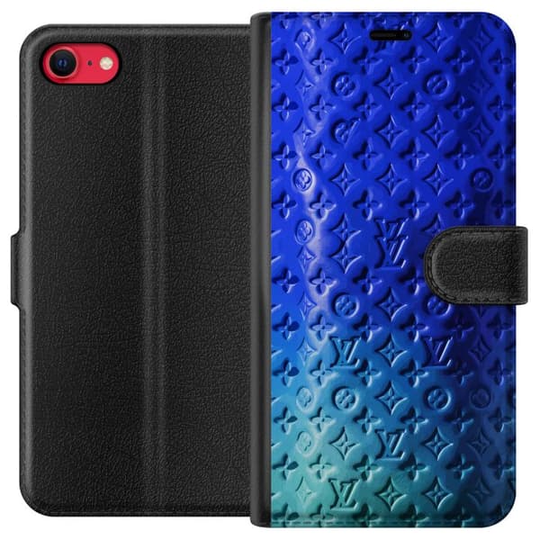Kompatibelt Lommeboketui til Apple iPhone 7 Blått luksuriøst monogrammønster med elegant preget tekstur blå