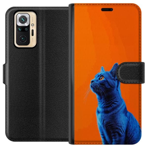 Kompatibel Tegnebogsetui til Xiaomi Redmi Note 10 Pro Blå kat med orange baggrund i moderne popkunststil blå