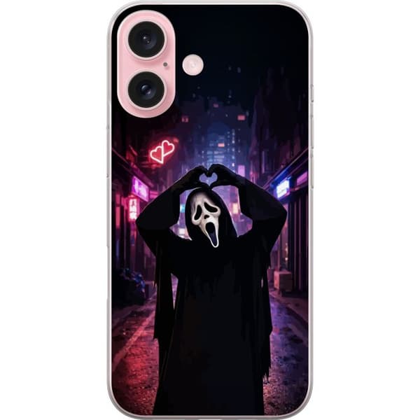 Kompatibel Mobilcover til Apple iPhone 16 Sort skrækmotiv med maskeret figur, hjertehænder og neonbelyst by sort