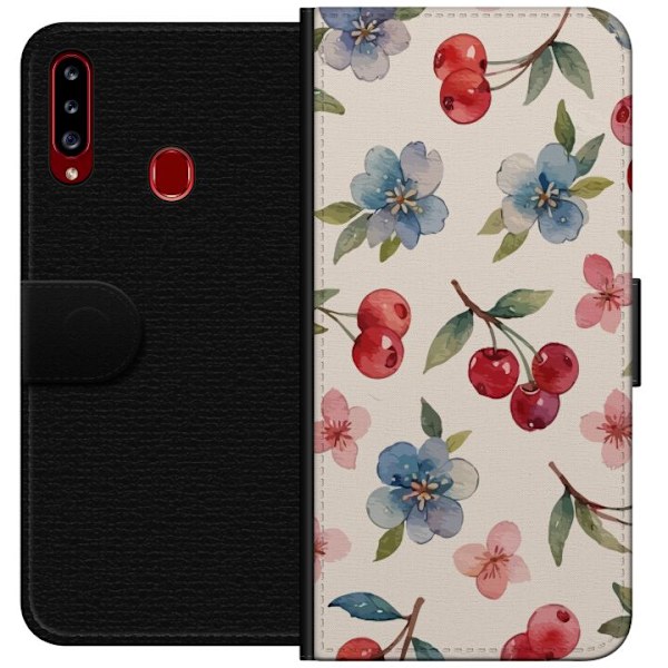 Samsung Galaxy A20s Tegnebogsetui Bær & Blomster - mønster med blå blomster og skovbær