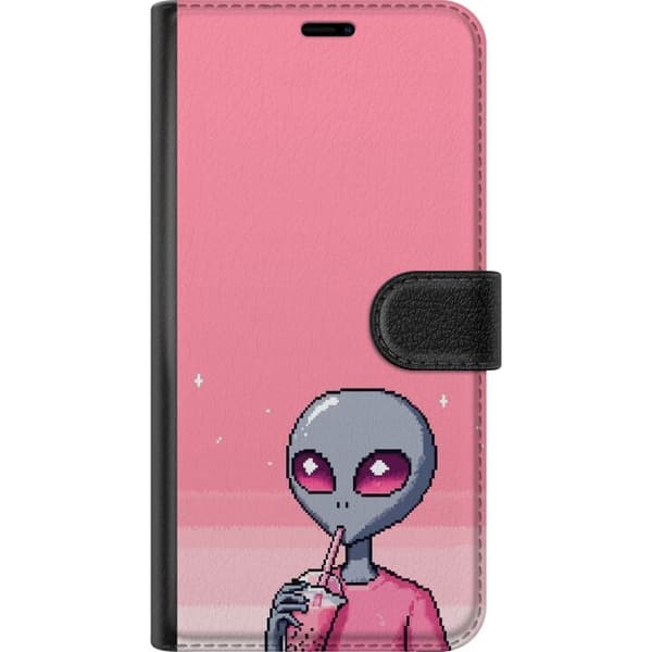 Kompatibel Tegnebogsetui til Apple iPhone 12 mini Retro-pixelillustration af en grå alien, der drikker lyserød drik på lyserød baggrund pink
