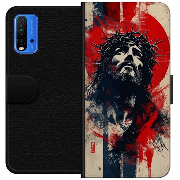 Xiaomi Redmi Note 9 4G Lompakkokotelo Jeesus ristillä - kristillinen aihe vahvalla symboliikalla uskosta ja toivosta