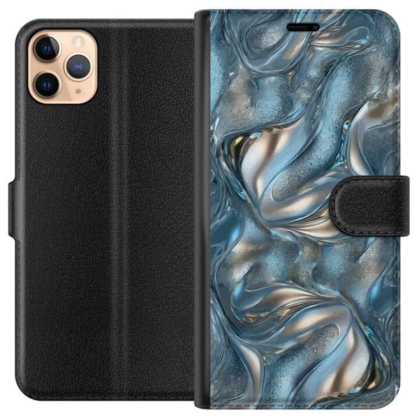 Kompatibel Tegnebogsetui til Apple iPhone 11 Pro Max Abstrakt flydende krom i sølv og blå metallisk effekt sølv