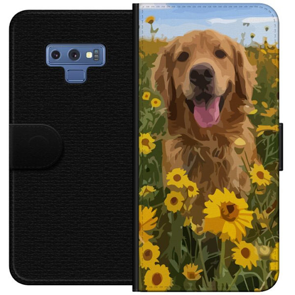 Samsung Galaxy Note9 Plånboksfodral Golden Retriever Solrosfält Hundmotiv Natur Sommar Design Populärt Hundras Familjefavorit