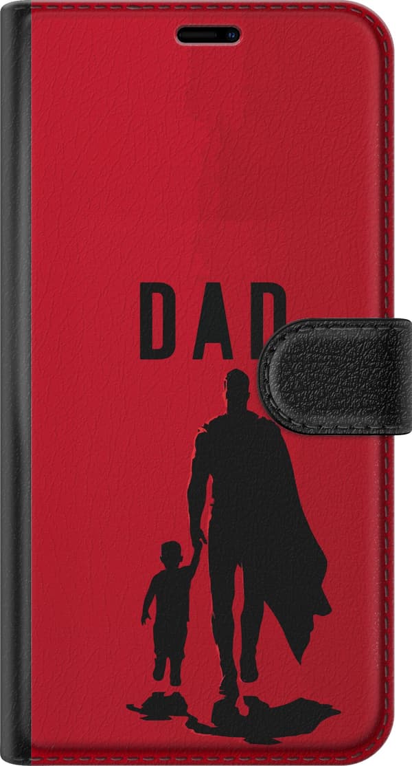 Kompatibel Tegnebogsetui til OnePlus 7 Sort silhuet af far med kappe og barn under teksten "Dad" på rød baggrund rød