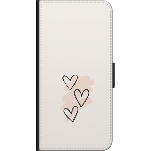 Kompatibel Tegnebogsetui til Xiaomi Redmi Note 9 Pro Tre håndtegnede sorte hjerter med lyserøde penselstrøg på lys baggrund, romantisk motiv beige