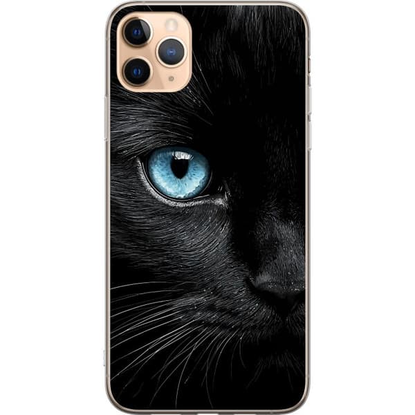Kompatibel Mobilcover til Apple iPhone 11 Pro Max Nærbillede af sort kat med intenst blåt øje og dramatisk kontrast mod mørk baggrund sort