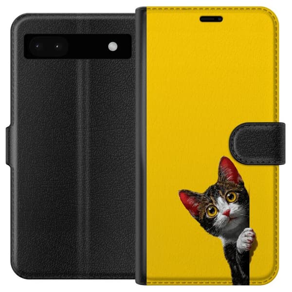Kompatibel Tegnebogsetui til Google Pixel 6a Sød kat, der kigger ud mod gul minimalistisk baggrund gul