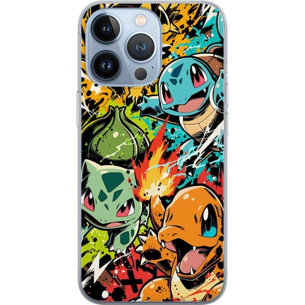 Kompatibelt Mobildeksel til Apple iPhone 13 Pro Bulbasaur, Charmander og Squirtle i fargerik graffitiinspirert actiondesign