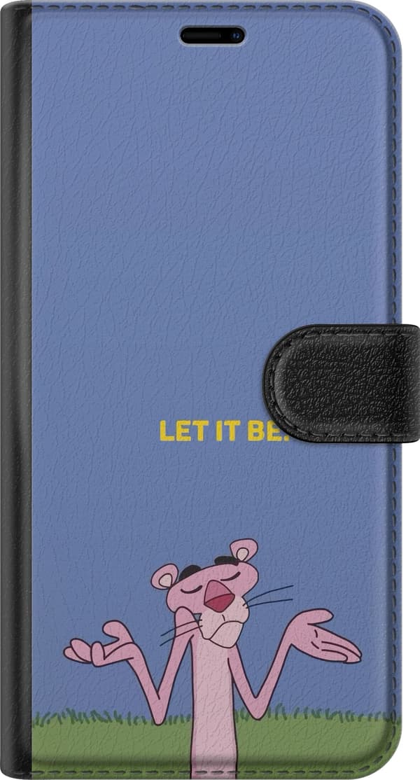 Kompatibel Tegnebogsetui til OnePlus 8 Pro Lyserød tegnet panter, der trækker på skuldrene under det gule citat Let It Be mod en blød blå baggrund blå