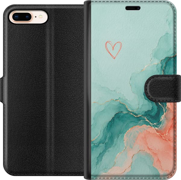 Kompatibel Tegnebogsetui til Apple iPhone 8 Plus Turkis hjerte turkis
