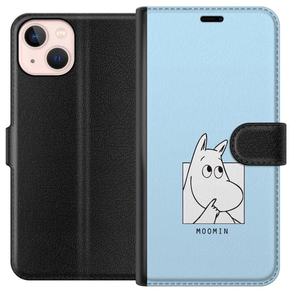 Kompatibel Tegnebogsetui til Apple iPhone 13 mini Mumitrolden i sort-hvid illustration mod lyseblå baggrund blå