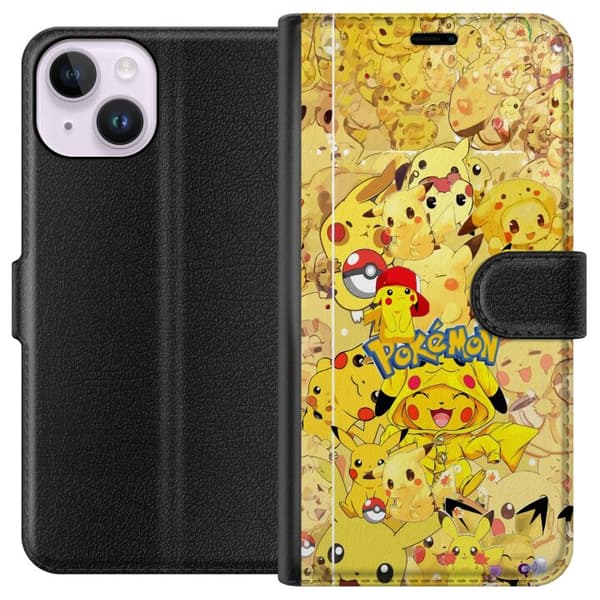 Kompatibel Tegnebogsetui til Apple iPhone 15 Sød Pikachu-collage med Pokémon-tema i bløde gule nuancer gul